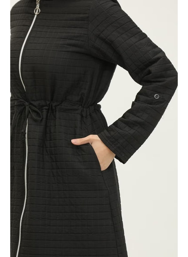 Sefa Merve Women's Hooded Drawstring Waist Cape - Black - Image 4